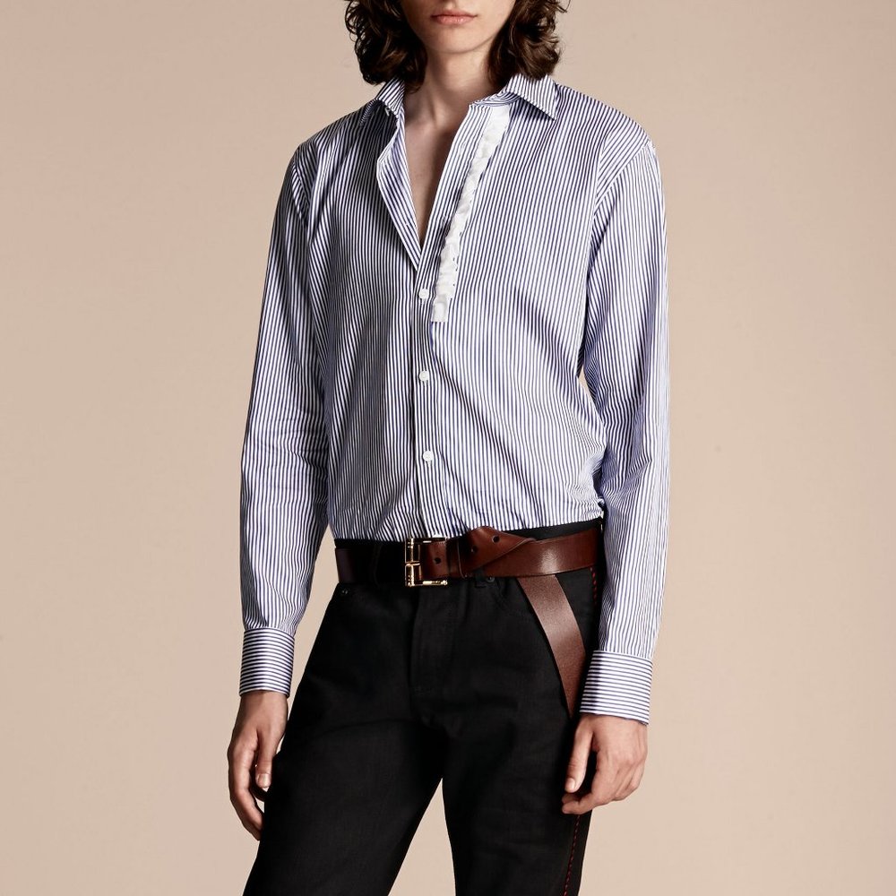 NWT Burberry Men's Ruffle Stripe Trim Fit Shirt, Luxe Statement Work or Event